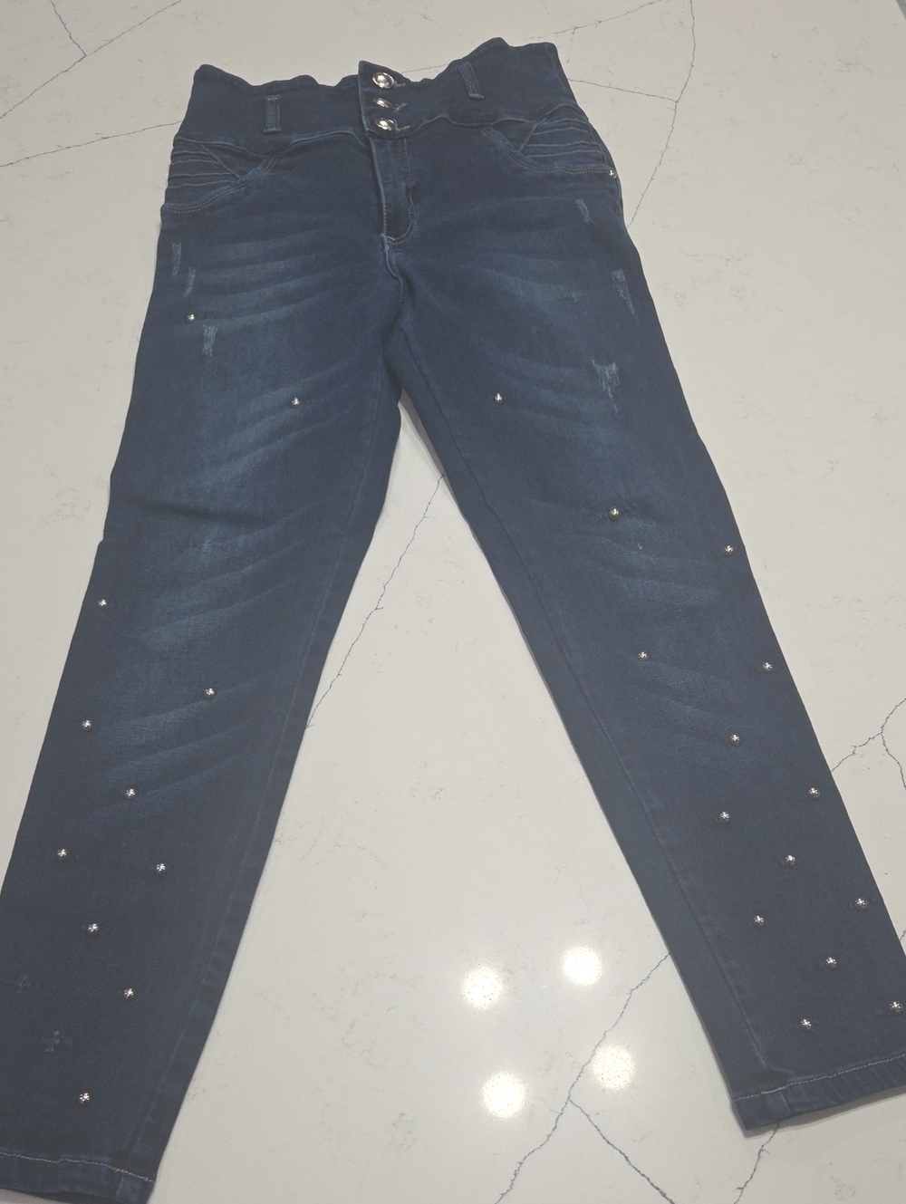High-Waist Dark Blue Skinny Jeans with Stud Embellishments Sz14 Colombian, 8USA